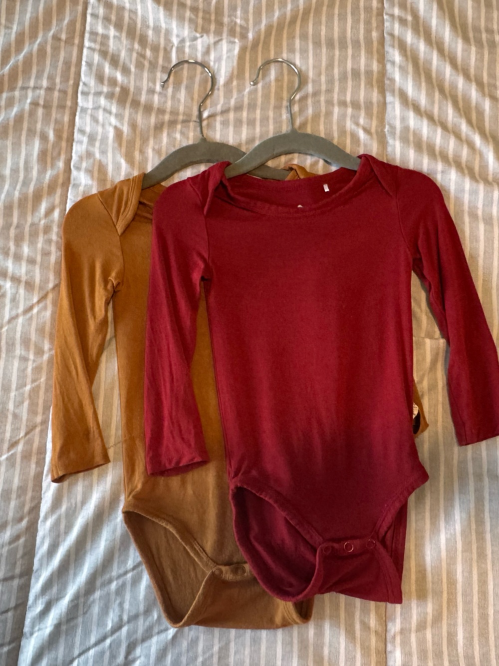 Long Sleeve Baby Bodysuits in Burgundy and Camel